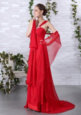 2015 Beautiful Empire Red Prom Dress with Brush Train and Beading