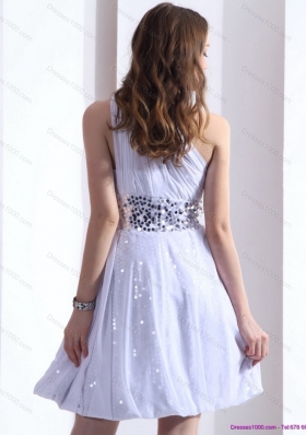 2015 Discount One Shoulder White Prom Dress with Ruching and Sequins