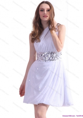 2015 Discount One Shoulder White Prom Dress with Ruching and Sequins