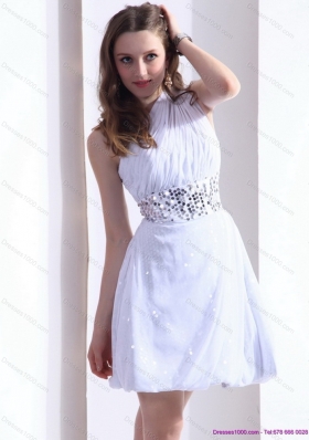 2015 Discount One Shoulder White Prom Dress with Ruching and Sequins