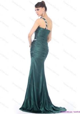 2015 Elegant One Shoulde Prom Dress with Ruching and Brush Train