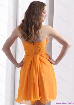 2015 Gorgeous Strapless Orange Prom Dress with Hand Made Flowers and Ruching