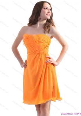 2015 Gorgeous Strapless Orange Prom Dress with Hand Made Flowers and Ruching