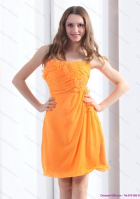 2015 Gorgeous Strapless Orange Prom Dress with Hand Made Flowers and Ruching