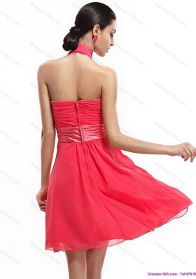 2015 Halter Top Prom Dresses with Ruching and Hand Made Flowers