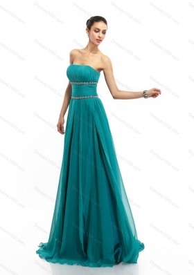 2015 Inexpensive Strapless Prom Dress with Ruching and Beading