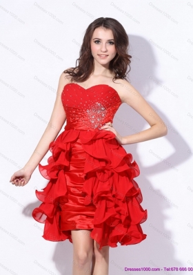 2015 Red Ruching Sweetheart Prom Dresses with Beading and Ruffles