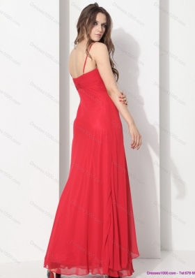 2015 Red Spaghetti Straps Prom Dresses with Ruching and Beading