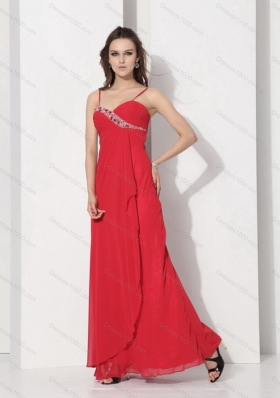 2015 Red Spaghetti Straps Prom Dresses with Ruching and Beading