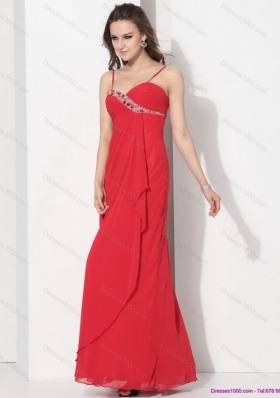 2015 Red Spaghetti Straps Prom Dresses with Ruching and Beading