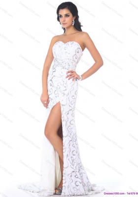 2015 Sexy Sweetheart Printed White Prom Dress with High Slit