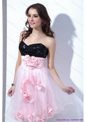 2015 Sweetheart Sequins and Hand Made Flowers Prom Dresses in Pink and Black