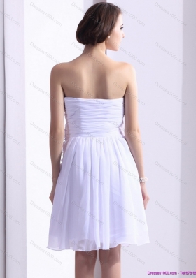 2015 White Strapless Prom Dresses with Ruching and Hand Made Flower