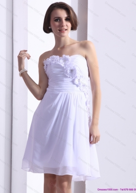 2015 White Strapless Prom Dresses with Ruching and Hand Made Flower