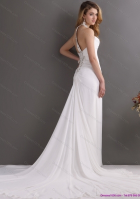 Beautiful 2015 Halter Top White Prom Dress with Ruching and Beading