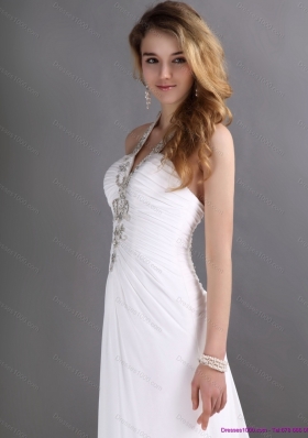 Beautiful 2015 Halter Top White Prom Dress with Ruching and Beading