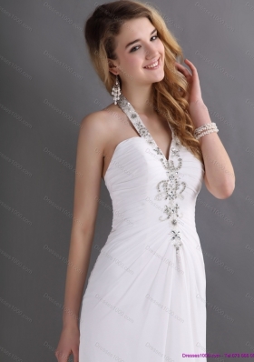 Beautiful 2015 Halter Top White Prom Dress with Ruching and Beading