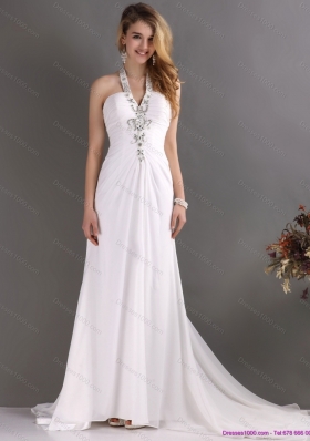 Beautiful 2015 Halter Top White Prom Dress with Ruching and Beading