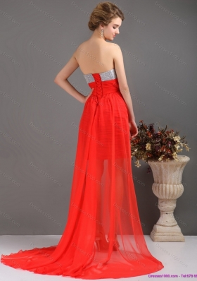 Brush Train Red High Low Prom Dresses with Ruching and Beading