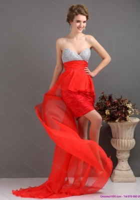 Brush Train Red High Low Prom Dresses with Ruching and Beading