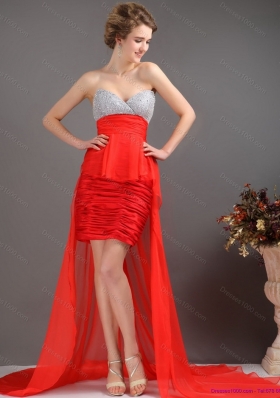 Brush Train Red High Low Prom Dresses with Ruching and Beading