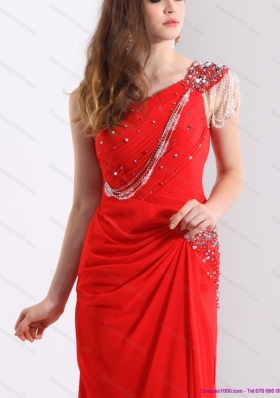 Elegant 2015 One Shoulder Red Prom Dress with Beadings and Brush Train