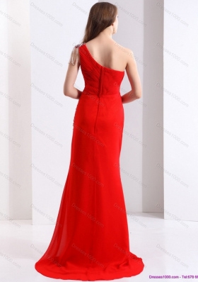 Elegant 2015 One Shoulder Red Prom Dress with Beadings and Brush Train