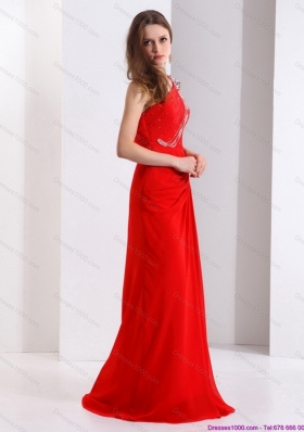 Elegant 2015 One Shoulder Red Prom Dress with Beadings and Brush Train