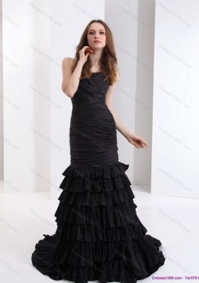 Elegant Brush Train Pleated Black Prom Dresses with One Shoulder and Ruffled Layers