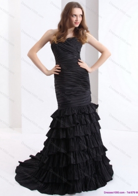 Elegant Brush Train Pleated Black Prom Dresses with One Shoulder and Ruffled Layers