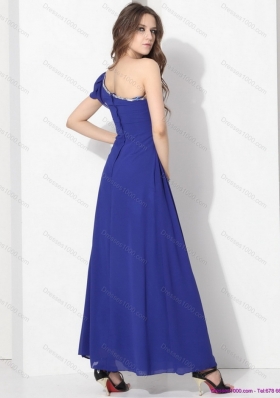 Elegant One Shoulder Blue Prom Dress with Ruching and Beading