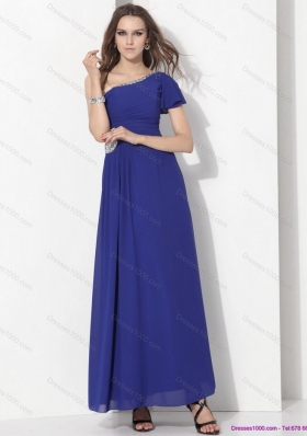 Elegant One Shoulder Blue Prom Dress with Ruching and Beading