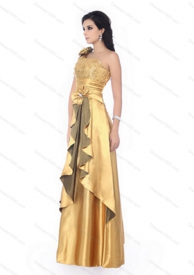 Gorgeous One Shoulder Gold Prom Dress with Hand Made Flowers and Ruching