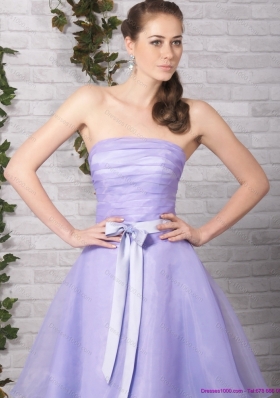 Cute Lilac Strapless Ruching Mini Length Prom Dresses with Bowknot