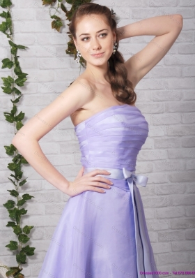 Cute Lilac Strapless Ruching Mini Length Prom Dresses with Bowknot