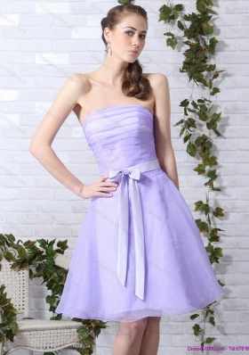 Cute Lilac Strapless Ruching Mini Length Prom Dresses with Bowknot