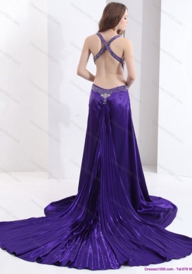 Luxurious 2015 Halter Top Purple Criss Cross Prom Dresses with Court Train