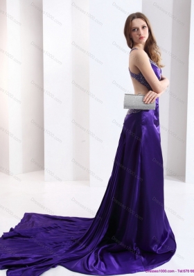 Luxurious 2015 Halter Top Purple Criss Cross Prom Dresses with Court Train