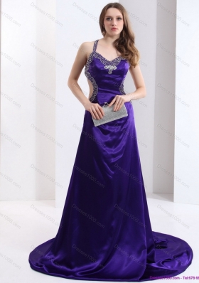 Luxurious 2015 Halter Top Purple Criss Cross Prom Dresses with Court Train