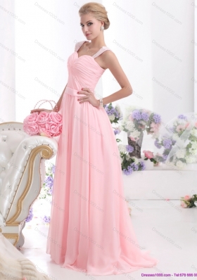 Remarkable 2015 Baby Pink Prom Dress with Brush Train and Ruching