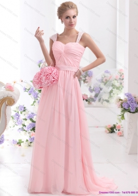 Remarkable 2015 Baby Pink Prom Dress with Brush Train and Ruching