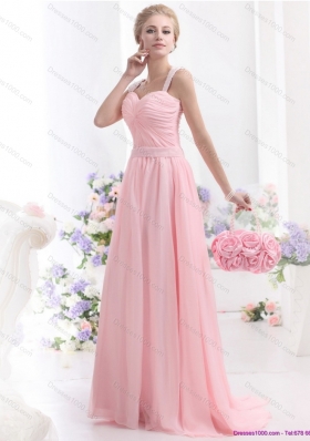 Remarkable 2015 Baby Pink Prom Dress with Brush Train and Ruching