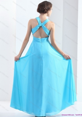 2015 Elegant Halter Top Floor Length Prom Dress with Ruching and Beading