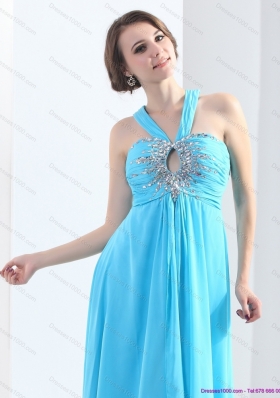 2015 Elegant Halter Top Floor Length Prom Dress with Ruching and Beading