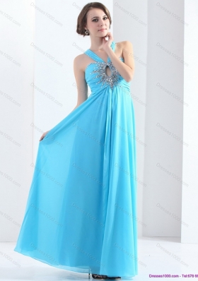 2015 Elegant Halter Top Floor Length Prom Dress with Ruching and Beading