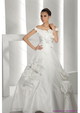 Perfect White Off Shoulder Bridal Dresses with Cathedral Train and Hand Made