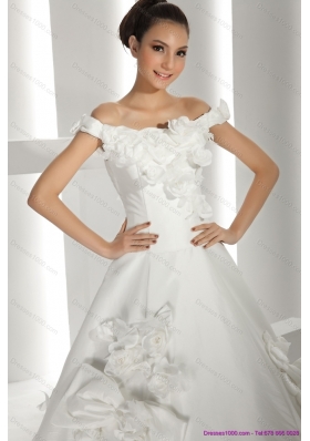 Perfect White Off Shoulder Bridal Dresses with Cathedral Train and Hand Made