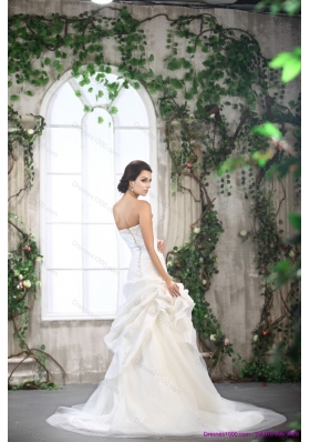 White Strapless Ruffled Wedding Dresses with Brush Train