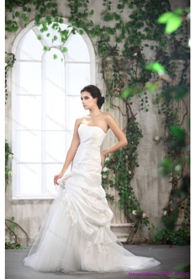 White Strapless Ruffled Wedding Dresses with Brush Train