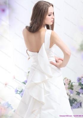 Cheap Pleated One Shoulder White Wedding Dresses with Brush Train